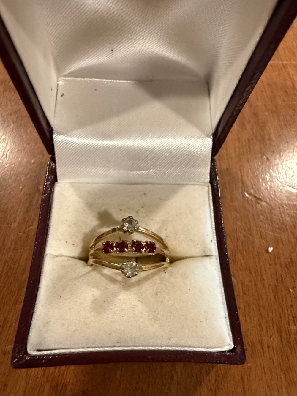 Vintage Adjustable Gold-Tone Ring with Red Gem Trio and Clear stones Accents